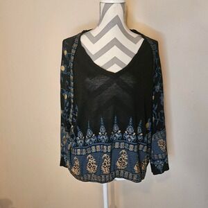 Free People black w/Blue & Gold bohemian Peasant top with paisley print size Med